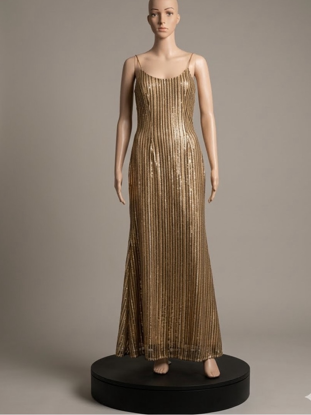 THEIA Gold Allover Sequin Vertical Stripe Maxi Gown – Size 2